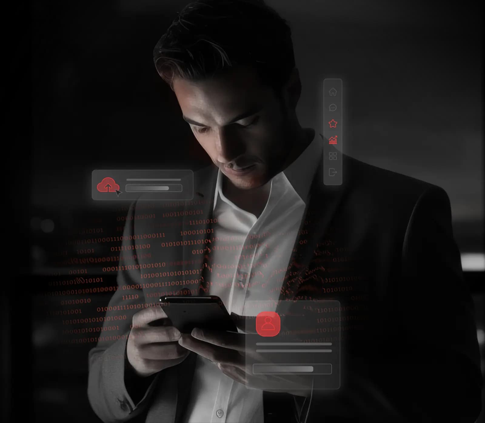 Profissional operando um sistema da Ignion em um tablet, com painéis flutuantes sobre a interface